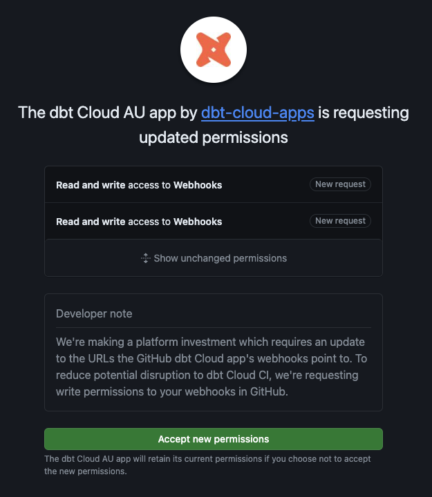 Grant access to the dbt app by accepting the new permissions.